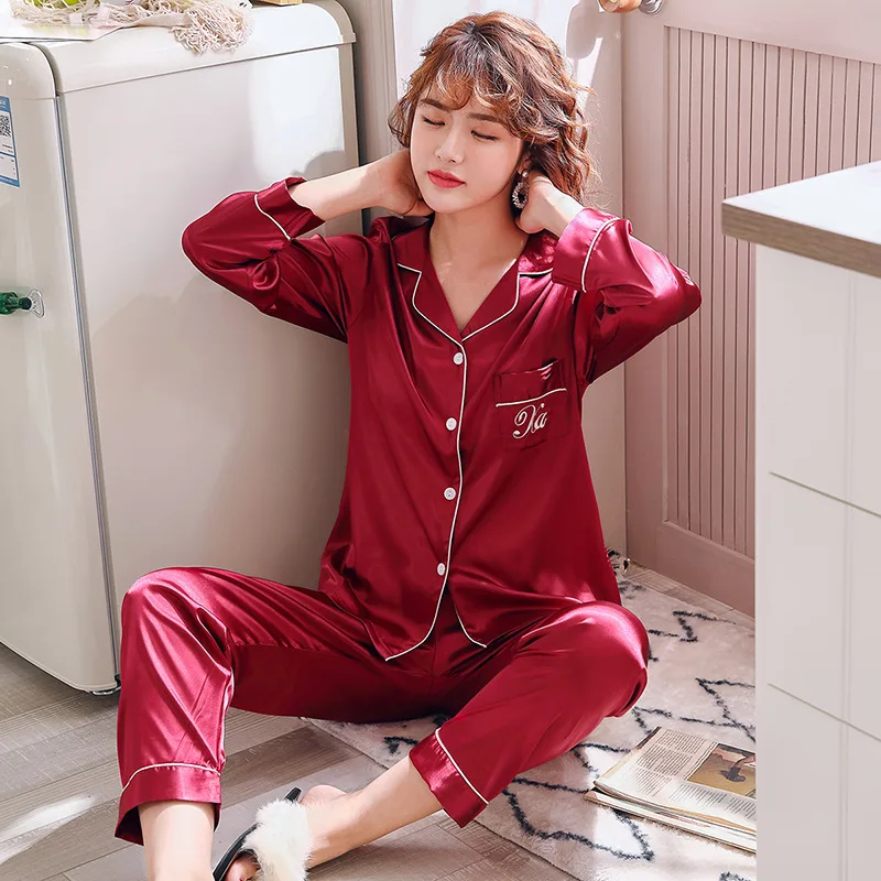 

Womens Silk Satin Pajamas Pyjamas Set Sleepwear Pijama Couple Pajamas Suit Female Sleep Two Piece Set Men Loungewear Plus Size