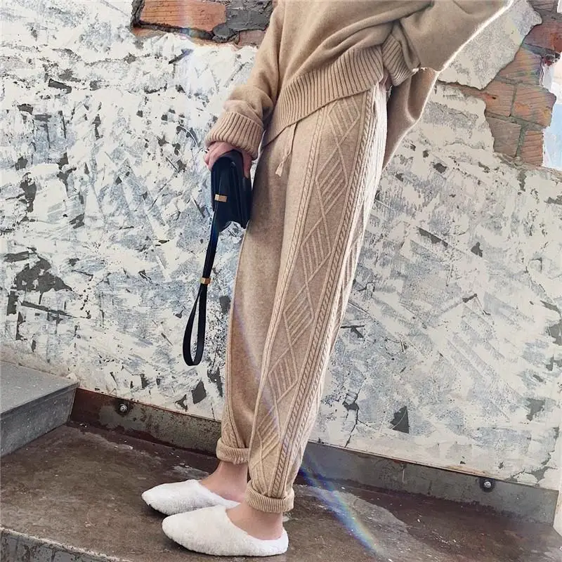 Уличная одежда зимние плотные брюки с высокой талией Свободные шерстяные