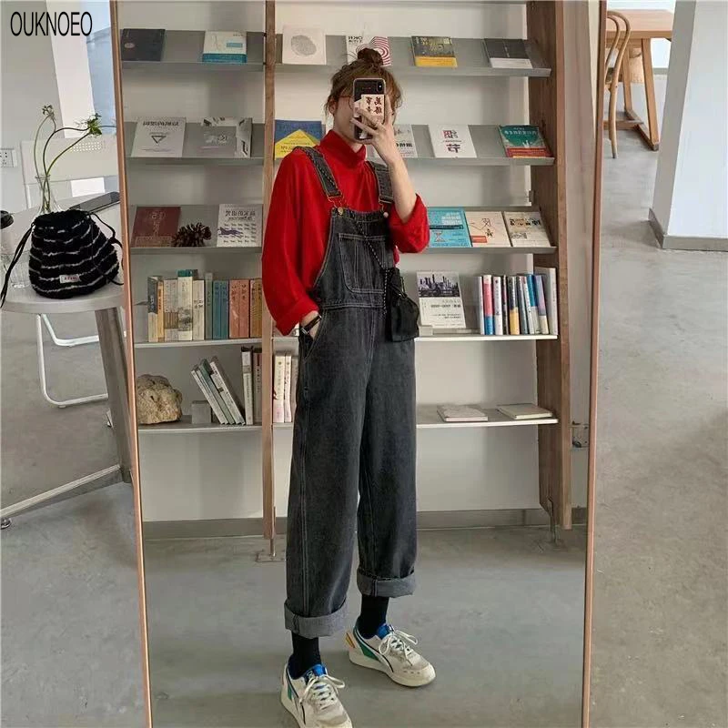 

Women's Denim Jumpsuits Retro Straps Trousers Loose Solid Color Female Korean Student Style 2021 Woman Street Denim Overalls