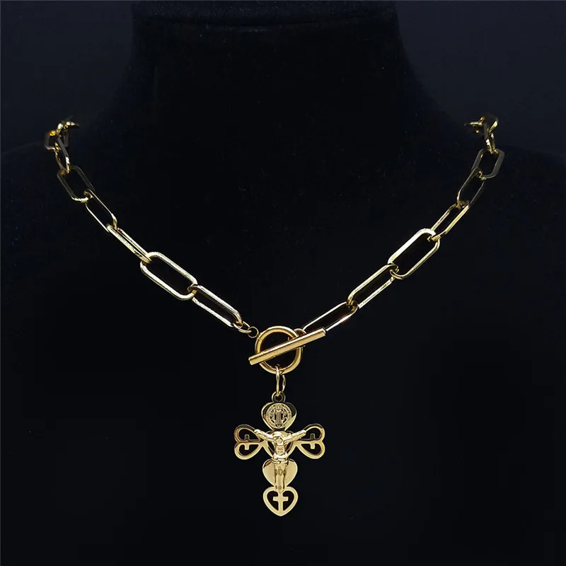 

Stainless Steel Heart Cross Jesus Choker Necklace Gold Color Catholic Small Necklace Jewelry collier acier inoxydable N6012S01