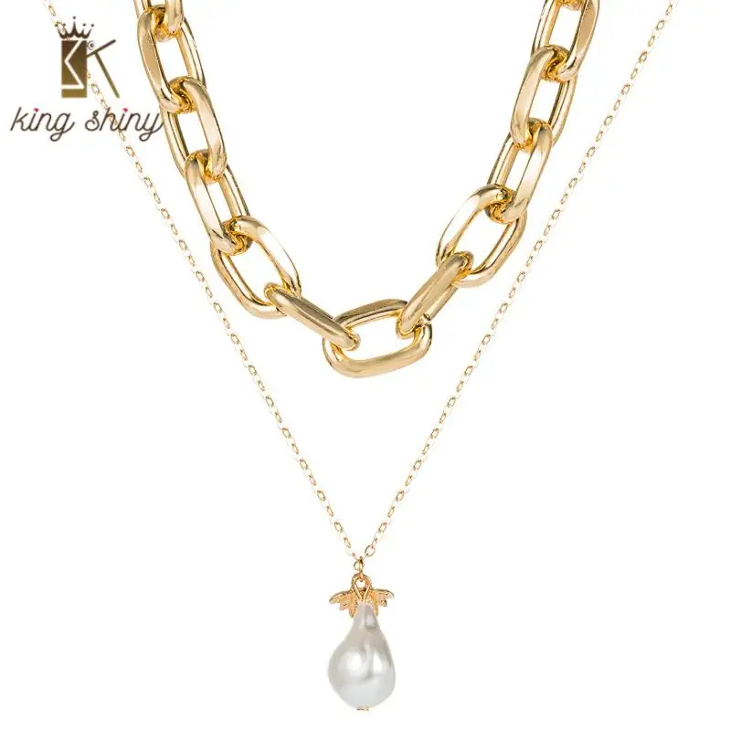 

Elegant Korean Simulated Pearl Double Layer Necklace Vintage Gold and Silver Color Statement Pendant Necklace Girl Party Jewelry