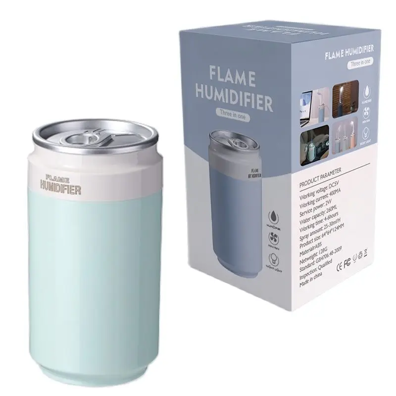 

Mist Humidifier with Fan & Light 2 Spraying Mode Creative Can Shaped 260ml for Home Office Car Desktop 3-in-1 Diffuser