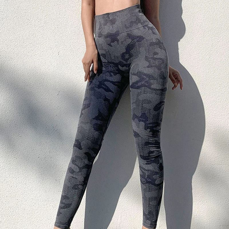 Штаны для фитнеса и йоги с высокой талией камуфляжные эластичные спортивные