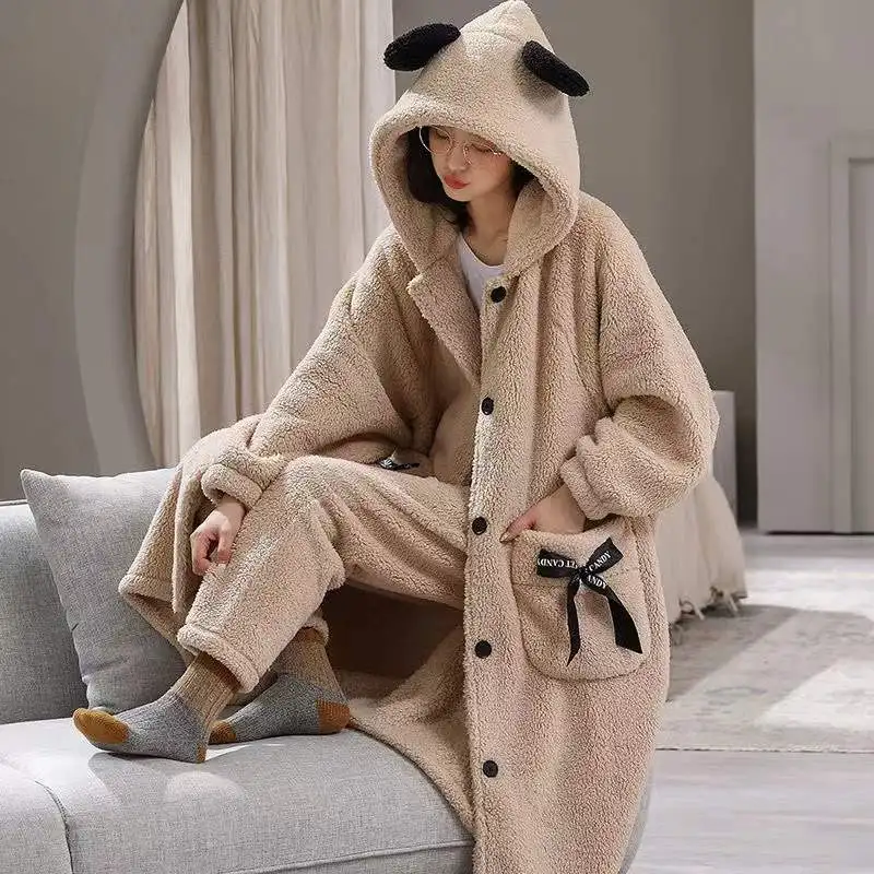 Autumn Winter Ladies Coral Fleece Pajamas Sweet Cute Women Plus Size Nightgown Thicken Warm Bathrobe Fashion Soft Homewear Suit
