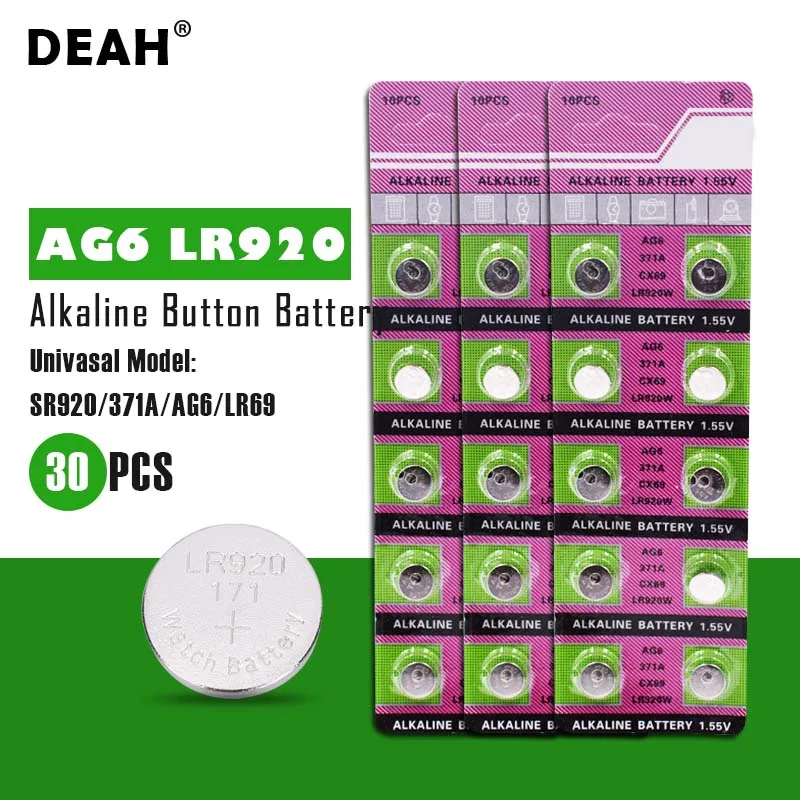 Щелочные батарейки DEAH 30 шт. 1 55 в AG6 LR920 371A LR920W CX69 SG6 Φ 280 31 для часов игрушек пультов