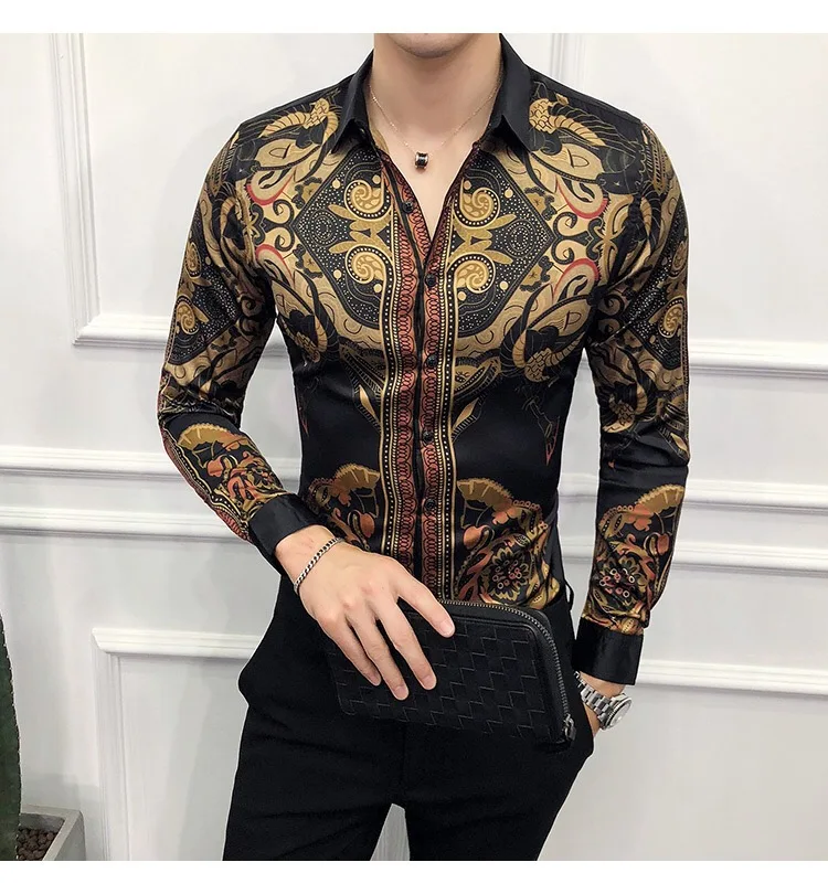

High-quality men's fancy striped slim party shirt luxury printing fashion new style