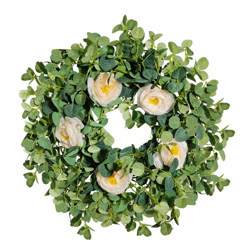 

Artificial Wreath Green Leaf With Rose Flower, For Front Door Wall Window Wedding Party Farmhouse Garden Home Decor