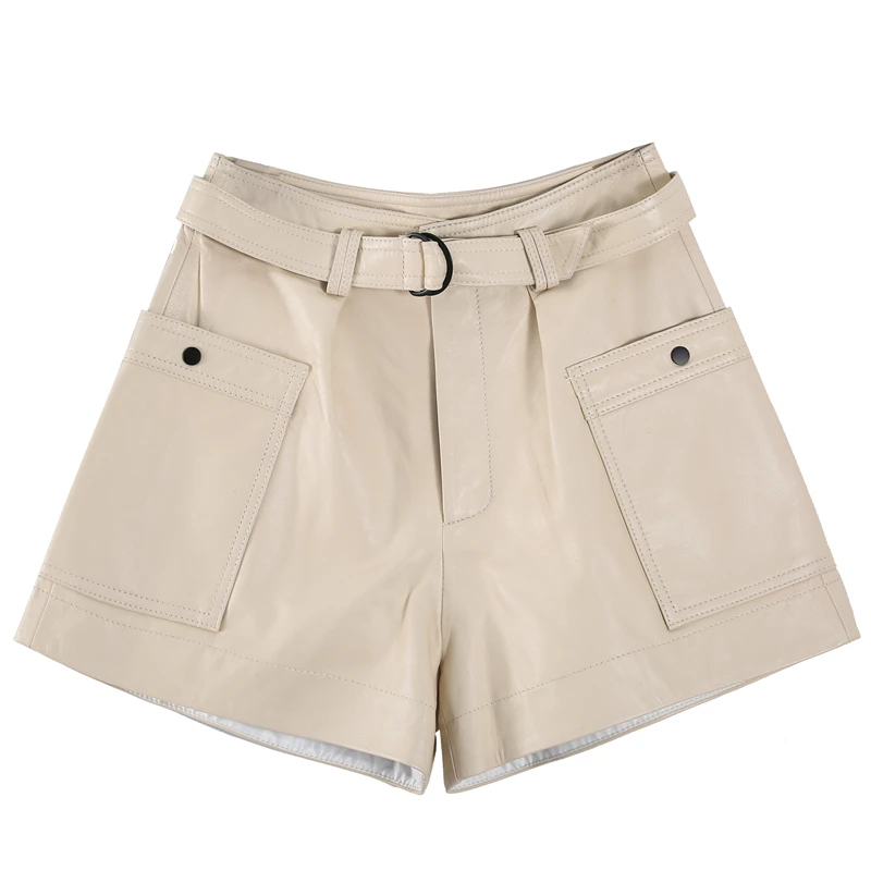 

Vintage Wide Leg Shorts Womens New Sheepskin High Waist Pockets Korean Style Fashion High Quality Casual Genuine Leather Shorts