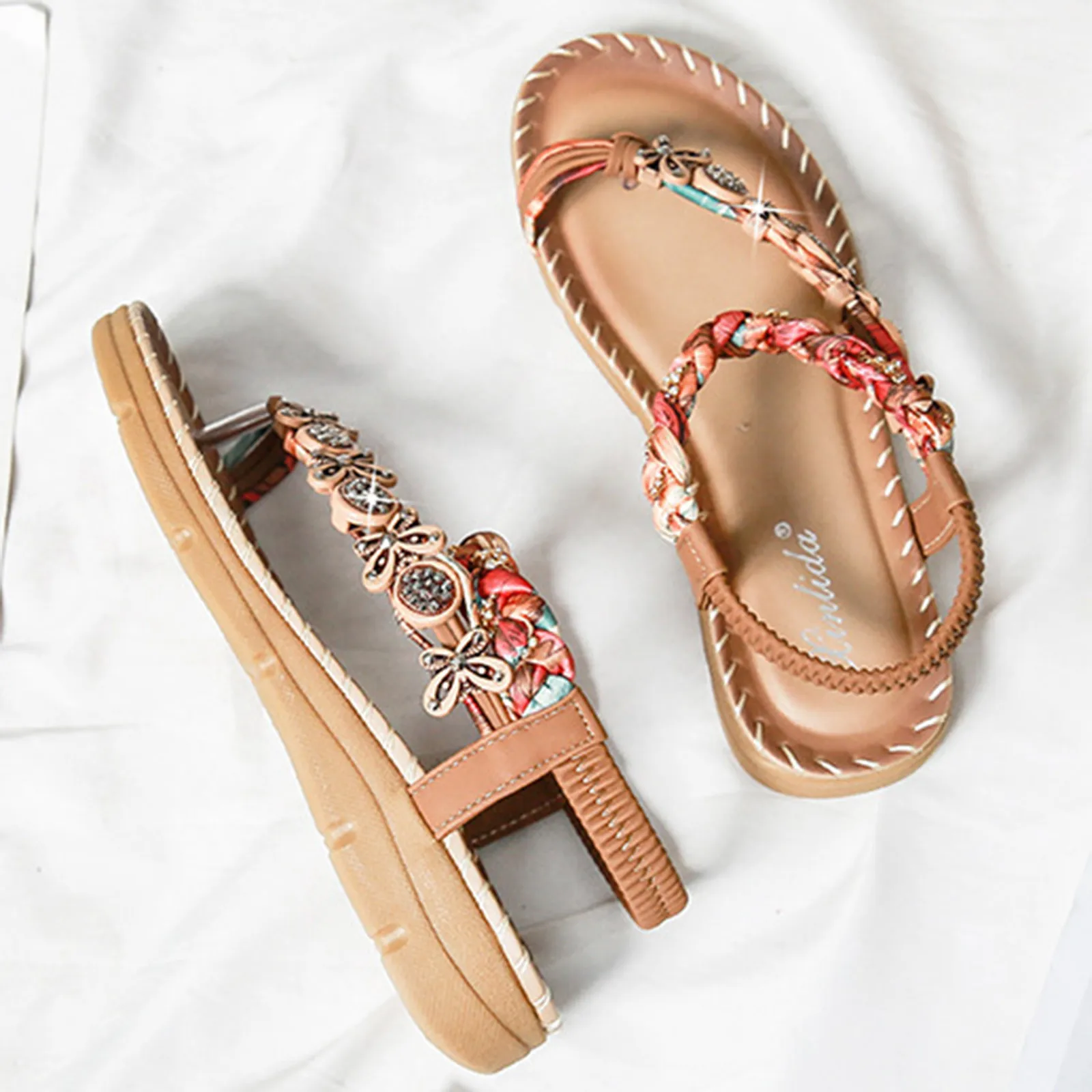 

2021 New Women Sandals Fashion Crystal Wedges Solid Flip Flops Summer Outdoor Elastic Band Sandalias Bohemia Casual Sandals