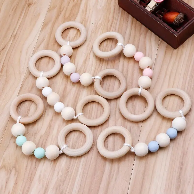 

Baby Play Gym Montessori Toys Baby Teether Beech Wood Ring Silicone Beads Wooden Rattle