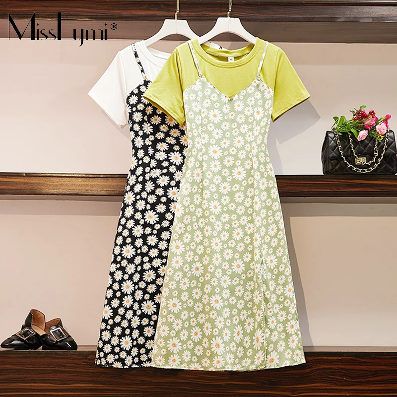 

L-4XL Plus Size Women Floral Midi Dresses Summer 2021 Short Sleeve Cotton T shirt Daisy Print Loose Fake two Pieces Split Dress
