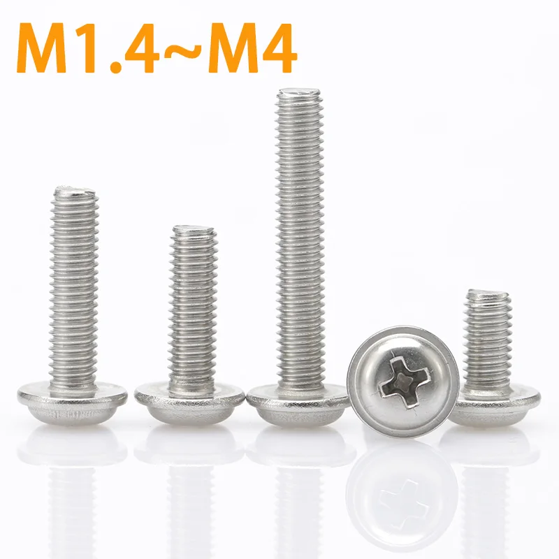 

100/200PCS M1.4 M1.7 M2 M2.5 M3 M4 Steel Nickel Plated Phillips Pan Round Truss Head with Washer Padded Collar Machine Screw PWM