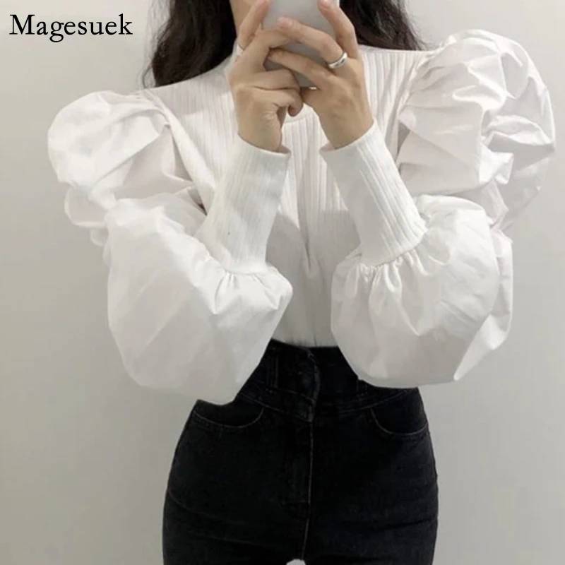 

New Spring Vintage Puff Sleeve White Blouse Women Casual Plus Size Fashion Shirt Tops Female Solid Ladies Tops Blusas Mujer12741