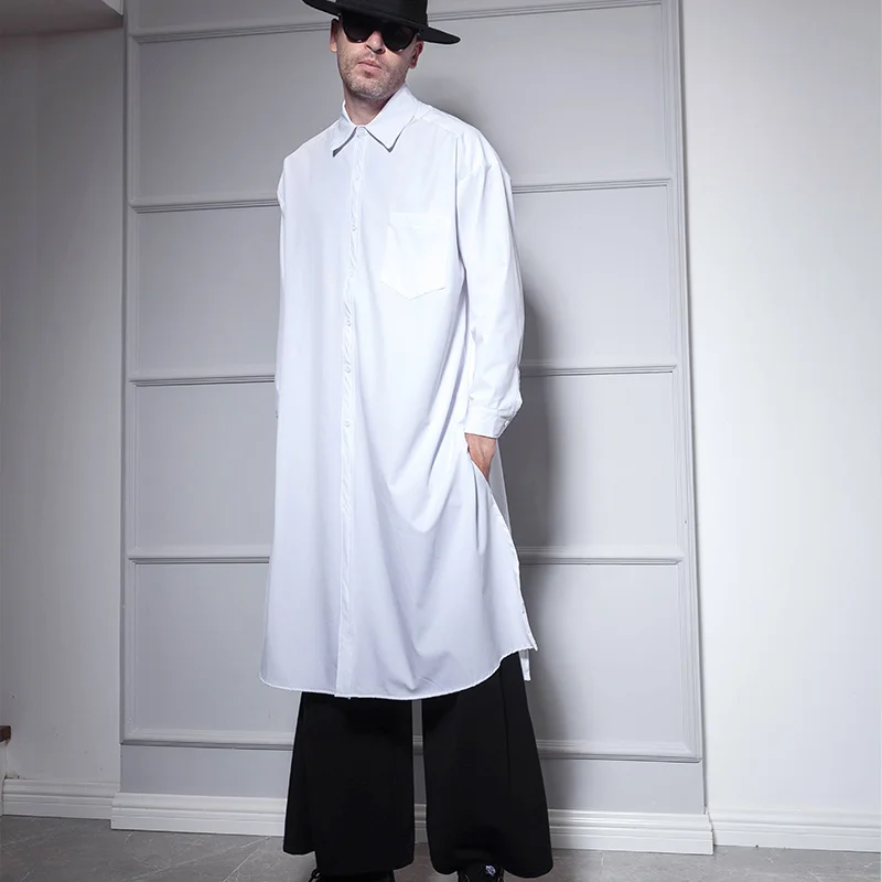 

Super long men's long-sleeved shirt over the knee long shirt European and American street style loose hip hop personality youth