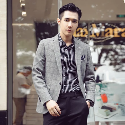 Мужской шерстяной костюм в клетку британском стиле приталенный Корейском