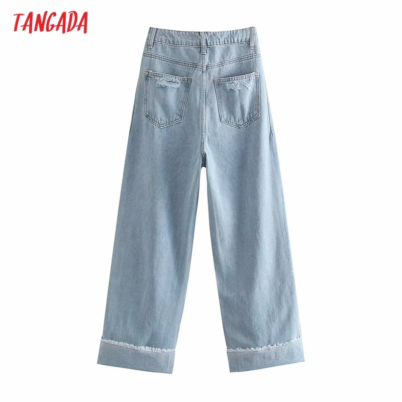 

Tangada 2021 Summer Women Light Blue Ripped Loose Jeans Pants Long Trousers Pockets Buttons Female Pants 4M149