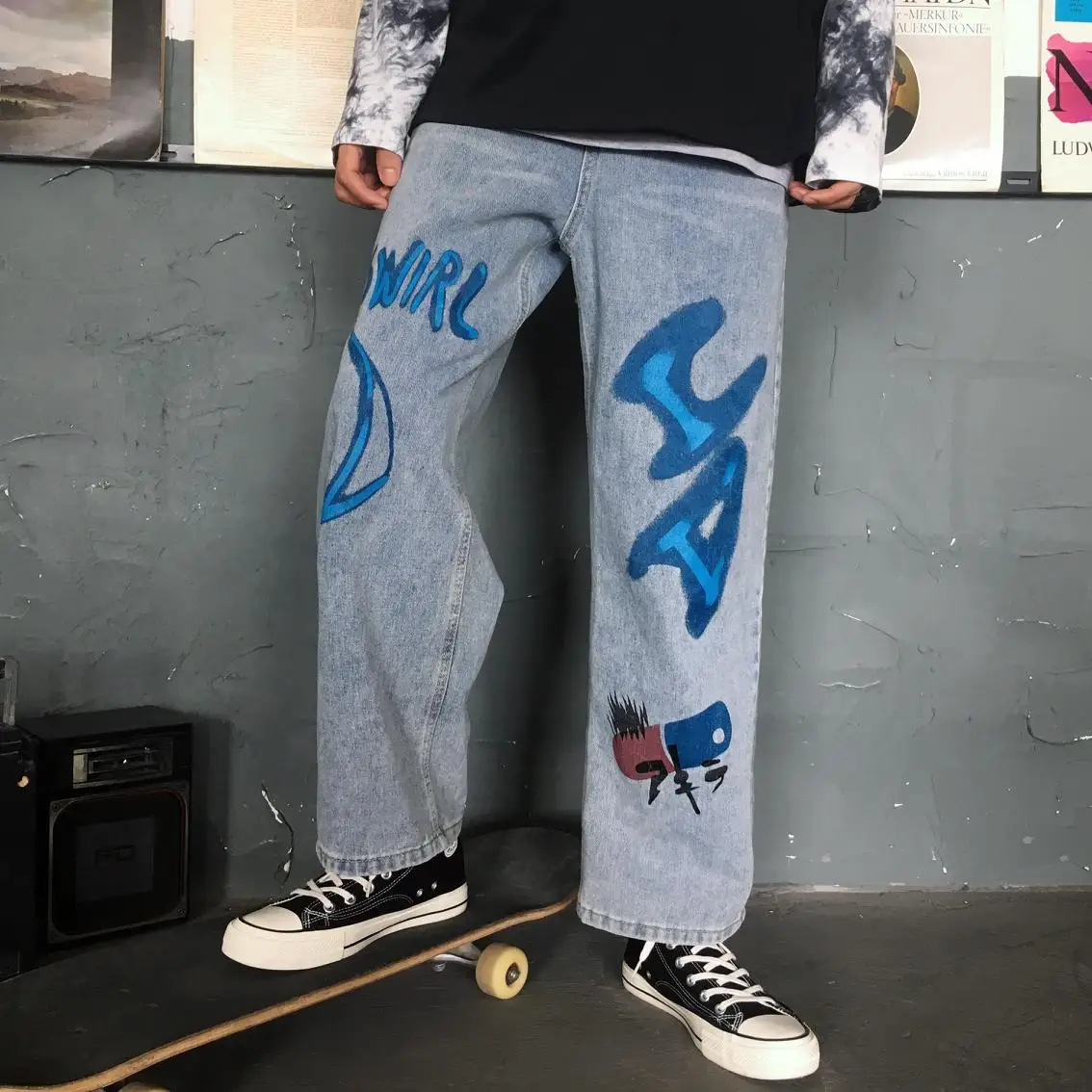 

Retro Washed Jeans Women's Street Fashion Brand Jeans Commuter Personality Graffiti Straight-Leg Pants Men's Casual Loose Jeans