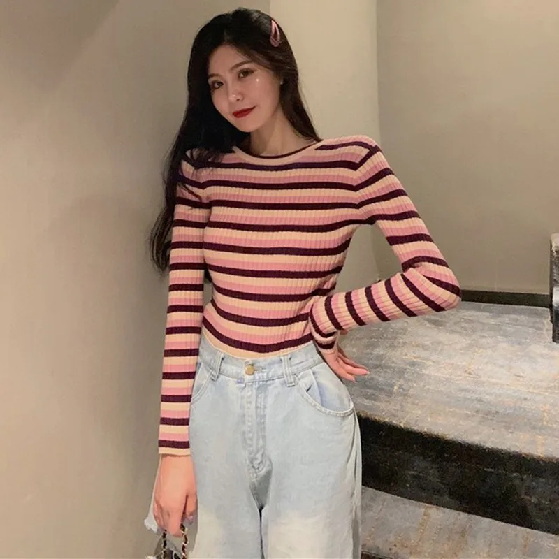 

Women's Knitting Sweater Brief Stripe Pullover Casual Slim O-neck Basic Sexy Fashion Simple 2019 New Female Sweaters
