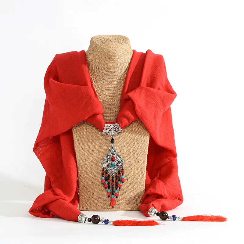 

Vintage Ethnic Scarf Necklace Autumn And Winter Models Cotton And Linen Solid Color Fringed Scarf Shawl Women's XL003-73