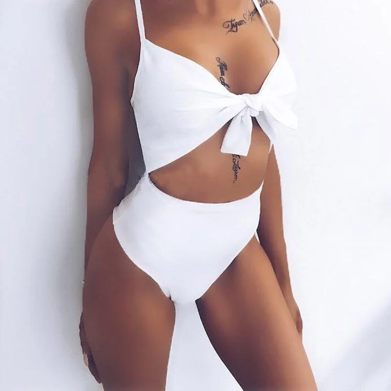 

Lady sexy high waist Swimsuit bandeau swim wear Push Up front bow Swimwear women crochet bikini set girls Beach Bathing Suit