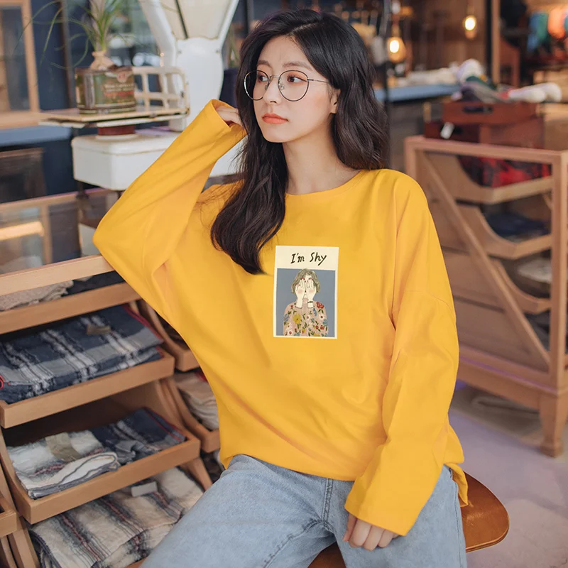 

2021 Spring Autumn Long Sleeve T Shirt Women Basic Tee Shirt Oversize Korean Cartoon T Shirt Women Casual O Neck Women Tshirt