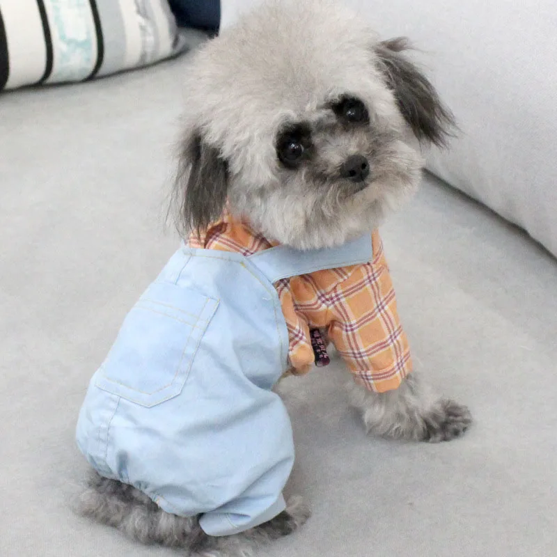 Plaid Jumpsuit For Dogs Spring Summer Dog Clothes Big Pocket Light Blue Denim Costume Shirt Coat Small Medium Yorkie XL | Дом и сад