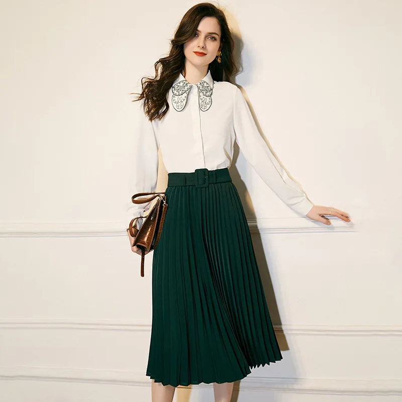 

2021 Spring High End Elegant Fashion Embroidered Collar Shirt Blouse Crop Top And Belt Pleated Skirt Suit 2 Piece Set Women