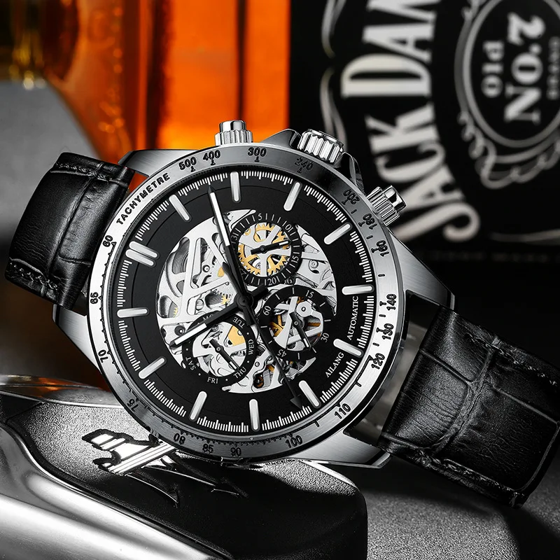 Enlarge Top Brand Mechanical Wristwatch Luxury Fashion Fully Automatic Week Stainless Steel Waterproof Sport 30M Watch Men AILANG 8827B