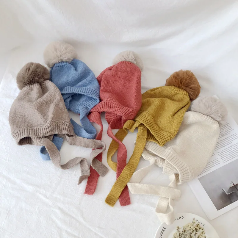 Зимние милые вязаные шапки с помпонами для девочек Детские теплые плотные