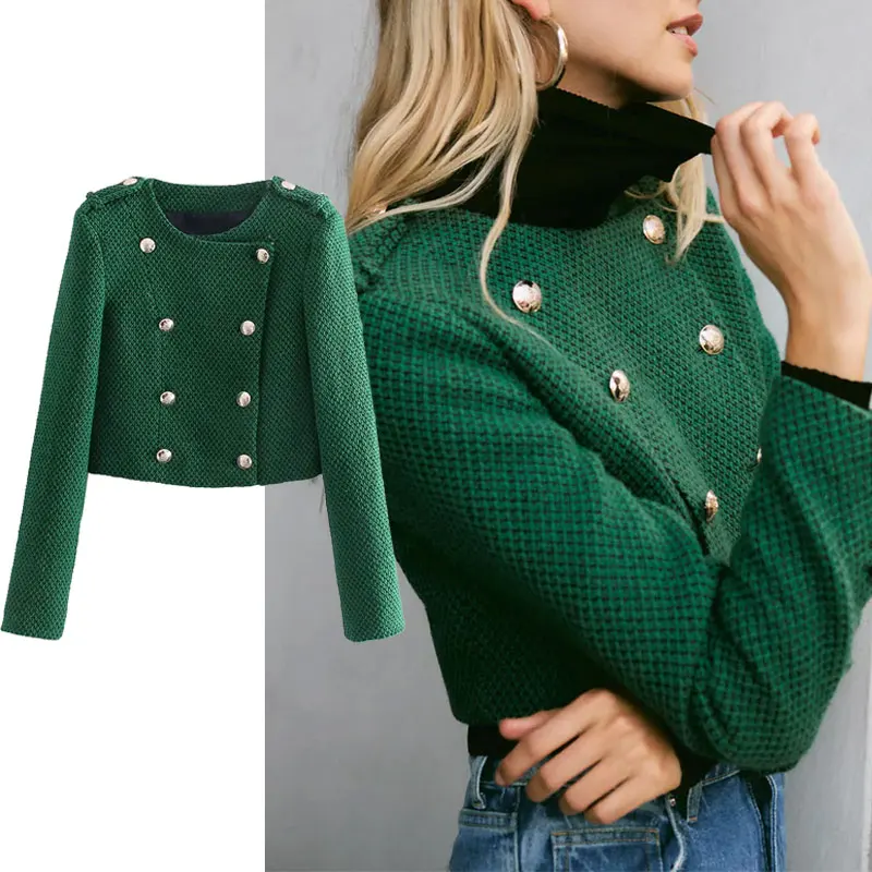 

ZA 2021 Women Autumn Jacket Coat O-Neck Double Breasted Fashion Texture Vintage Style Coats Short Outerwear Chic Tops