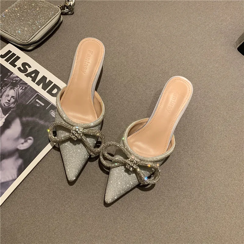 

2021 spring new Rhinestone bow sandals with satin pointed thin heel