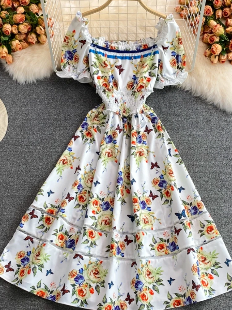 

Aibeautyer New Summer Casual A Line Square Collar Lady Short Dress Elegant Puff Sleeve Floral Print Chiffon Pullover Dressses