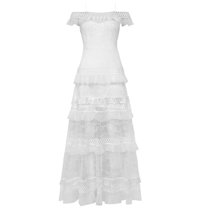 

White hollow lace patchwork ruffle floor-length dress Sexy off shoulder slash neck party dress robe demoiselle d honneur femme