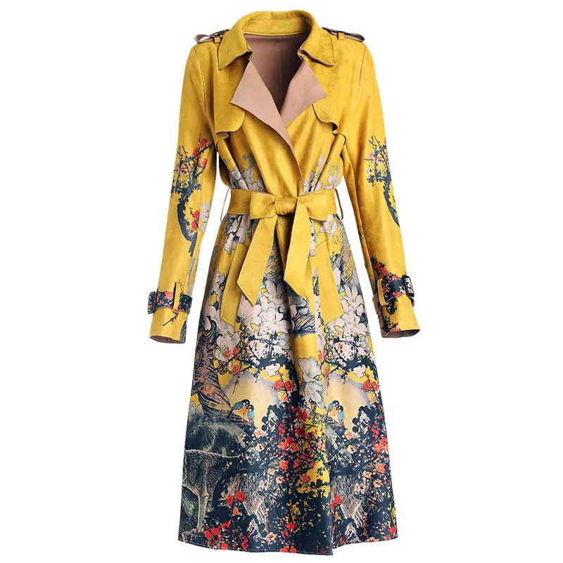 

England elegant overcoats Suede coat female Hand painted flowers long coat ladies Spring autumn trench coat women clothes 2020