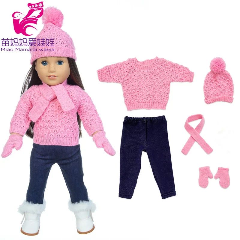 18  inch girl doll clothes pink sweater scarf hat gloves Christmas set for baby doll winter clothes