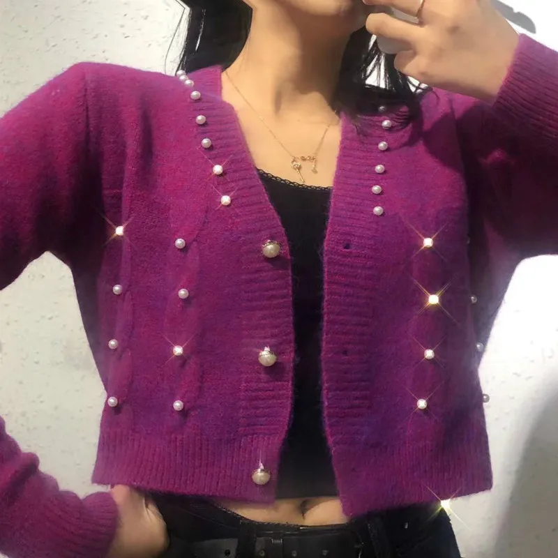

2021 Autumn Winter Cardigan Women Knitted Sweater Long Sleeve V Neck Jumper Fashion Sweet Beaded Casual Streetwear Sweater Y105