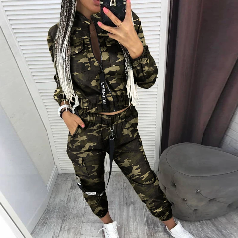 

Women Casual Solid Color Two Piece Sets 2020 Autumn Long Sleeve Zipper Tops and Long Pants Suits Ladies New Overalls Set Pocket