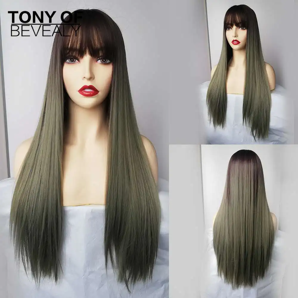 Длинные прямые синтетические парики с челкой Омбре коричневые зеленые