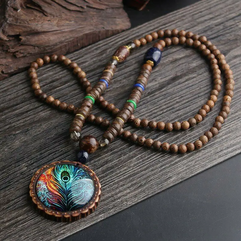 

Vintage Nepal Long Buddhist Mala Wood Beaded Pendant & Necklace Ethnic Bohemian Boho Buddha Lucky Jewelry for Women Men Fashion