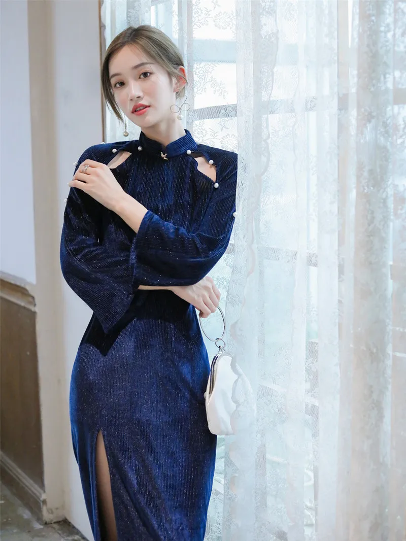 2019 Новое модное женское золотистое бархатное платье с длинными рукавами в