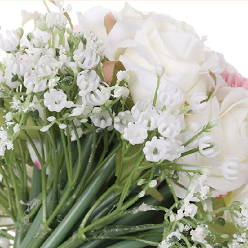 

Romantic Artificial Gypsophila Babysbreath Rose Flower Handmade Bridal Wedding Bouquet Ribbon Wrapped Handle Party Home
