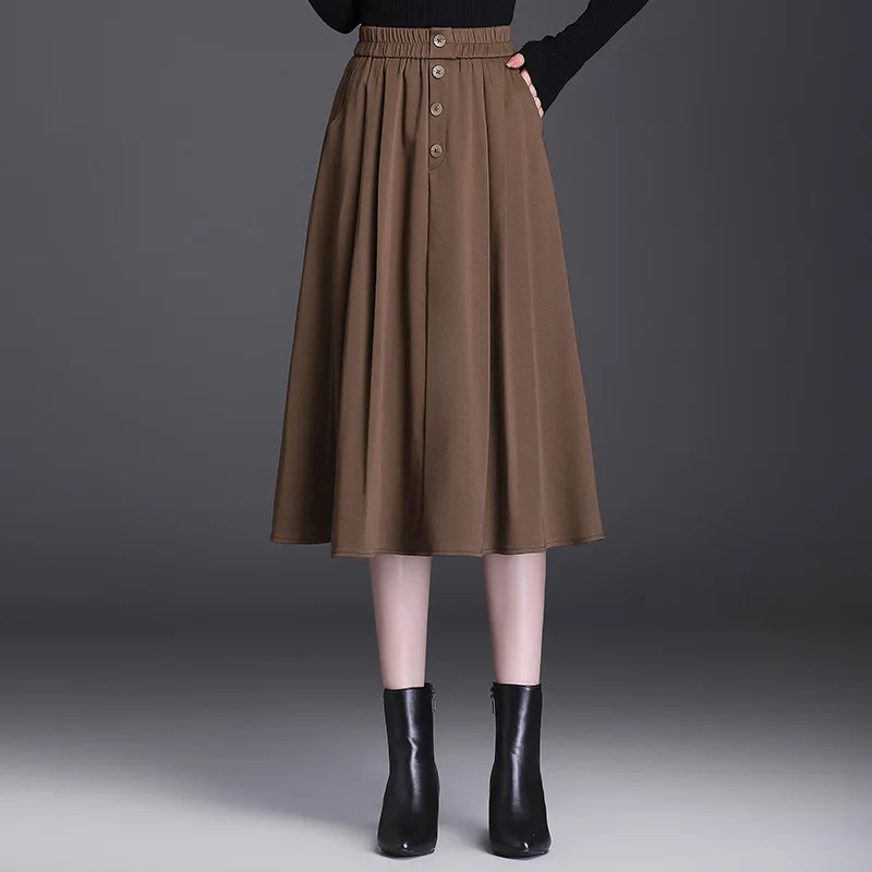 

Fall Winter New Elastic High Waist Big Swing Button Mid-long Black Skirts Women Elegant Vintage Loose Casual Camel Skirts 5577
