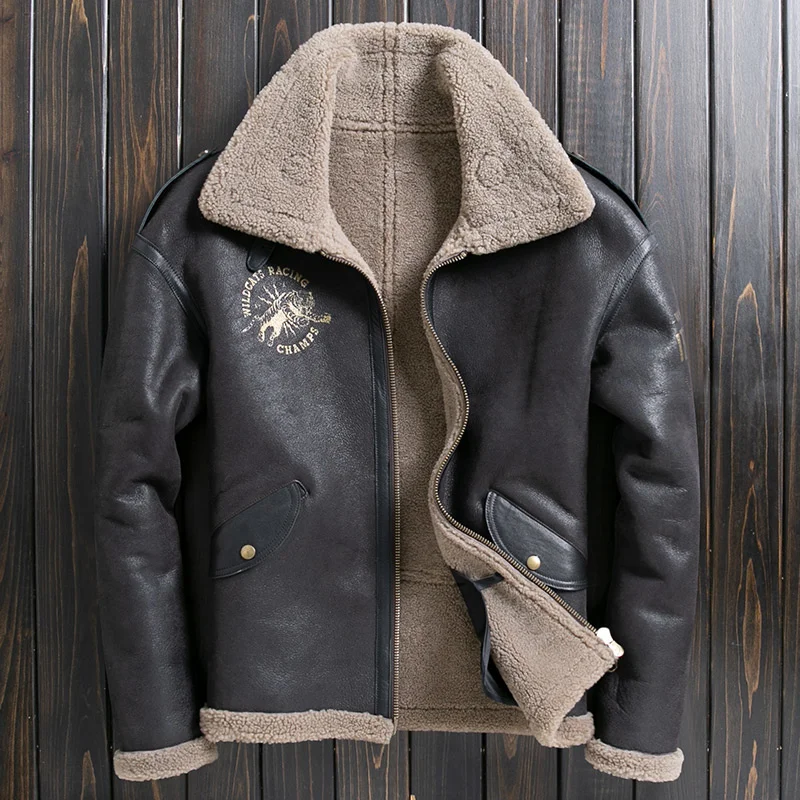 

Genuine short leather men's jacket, green sheep's wool jacket with lapel, high quality thickening, luxury brand design for