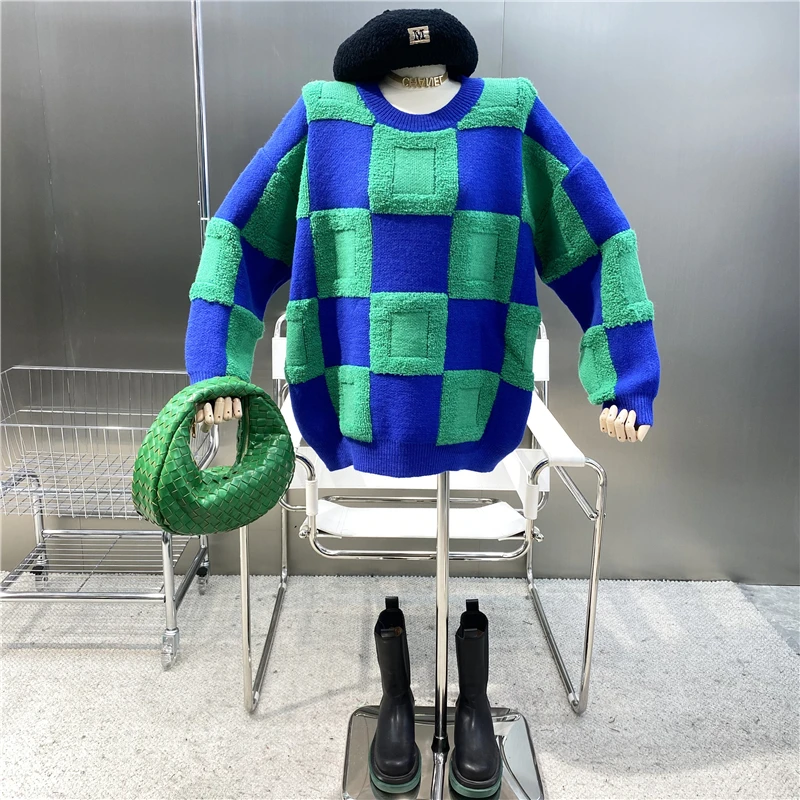 

New 2021 Color Blocking Plaid Loose Version Lazy Crew Neck Sweater Wearing Age Reducing Versatile Pullover Checkerboard Knit Top