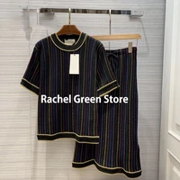 luxury designer gold thread vertical stripe pattern short sleeve knitted tshirt top skirt 2 piece sets set outfits for women