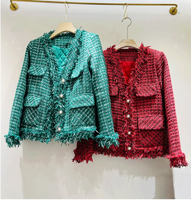 

Autumn Winter Chic Women's High Quality Tassels V-neck Tweed Jackets F005