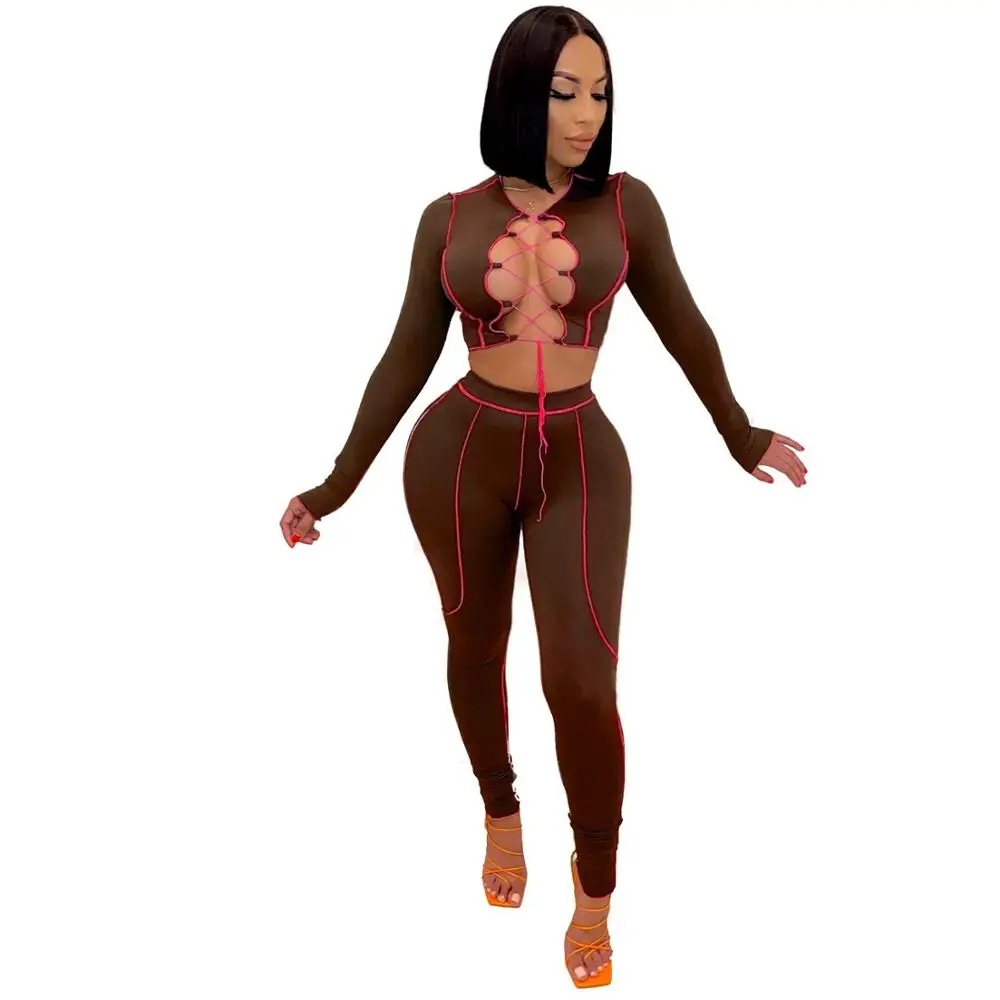

RT Sexy Women Tracksuit Two Pieces Set Strings Front Crop Top Long Leg Pants 2 Pieces Set Sports Suit Solid Pattern Outdoor Wear