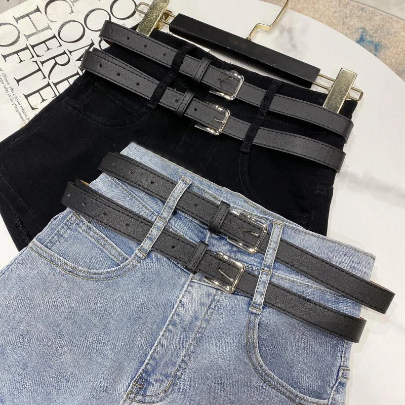 

CHICEVER Minimalist Patchwork Sashes Denim Shorts For Women High Waist Loose Korean Fashion Short Female 2021 Summer Clothing