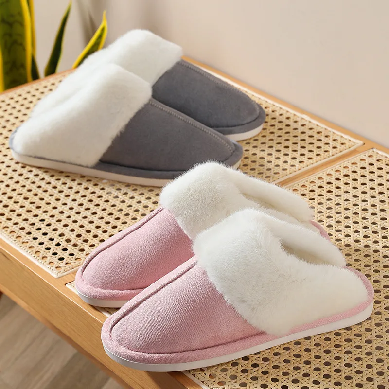 

Luxury Faux Suede Home Women Full Fur Slippers Winter Warm Plush Bedroom Non-Slip Couples Shoes Indoor Ladies Furry Slippers