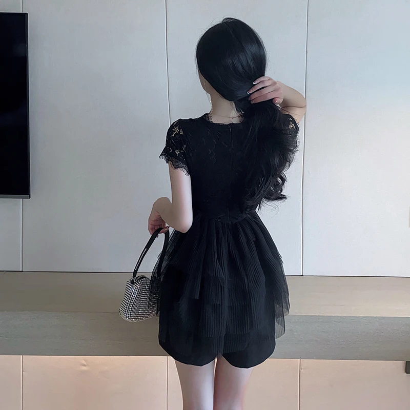 

Sexy Black Lace Mesh Patchwork Ball Gown Round Neck Hollow Out Dress + Short Pants Solid Color Summer Two-Piece Sets For Women